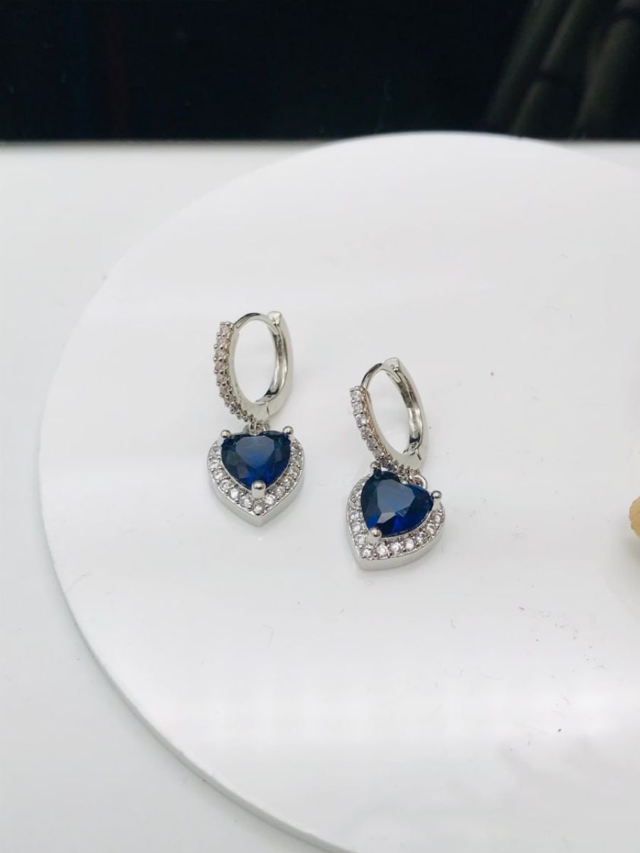 Buy Blue Stone Heart Hanging Silver Huggie Hoop Earrings Online - TheJewelbox