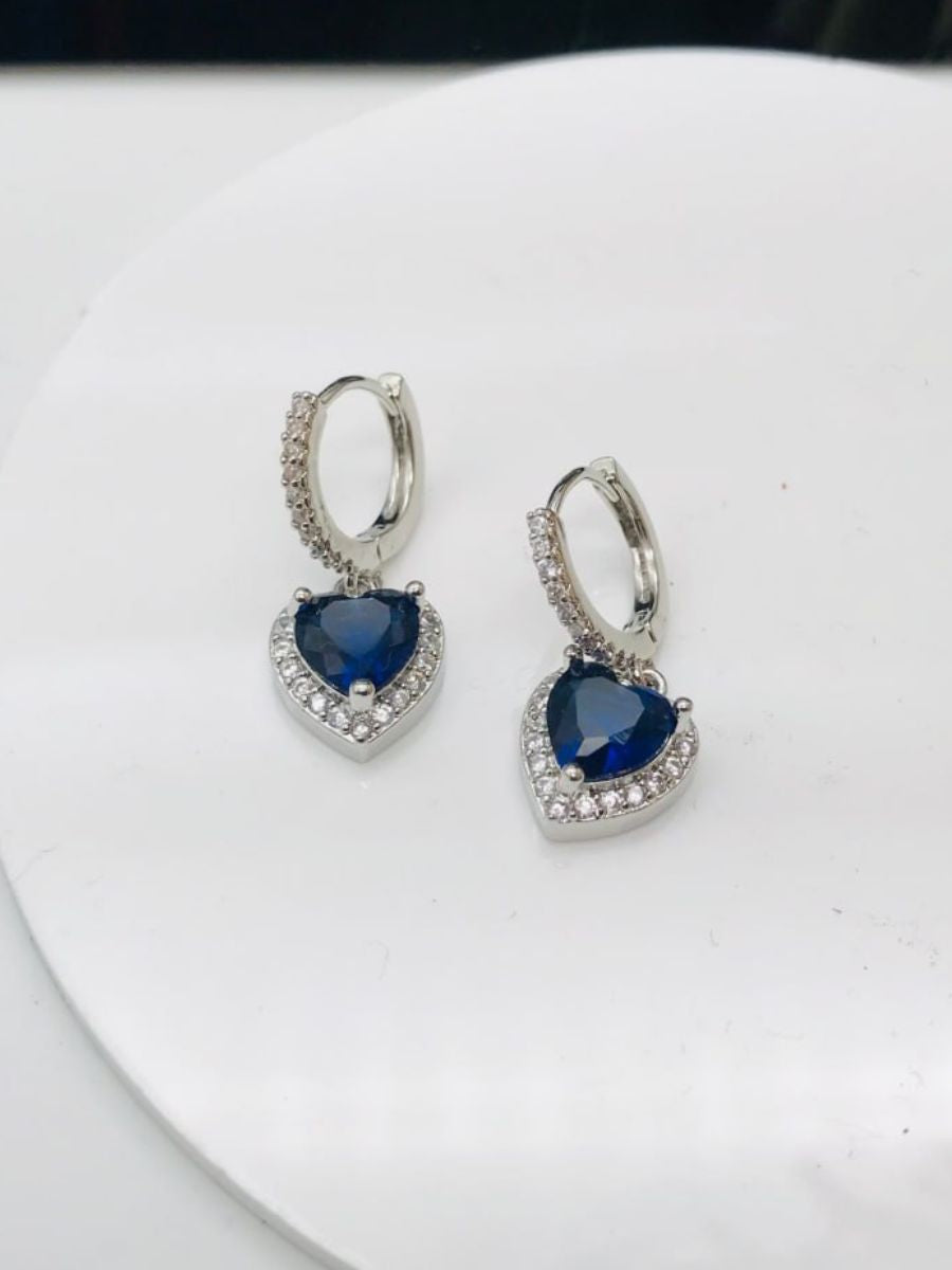 Blue Stone Heart Hanging Silver Huggie Hoop Earrings
