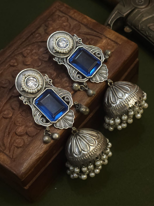 Blue Stone Studded German Silver Oxidised Big Jhumka Earrings