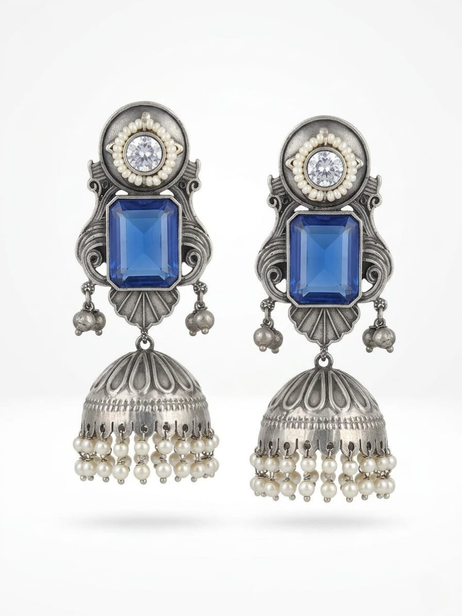 Blue Stone Studded German Silver Oxidised Big Jhumka Earrings