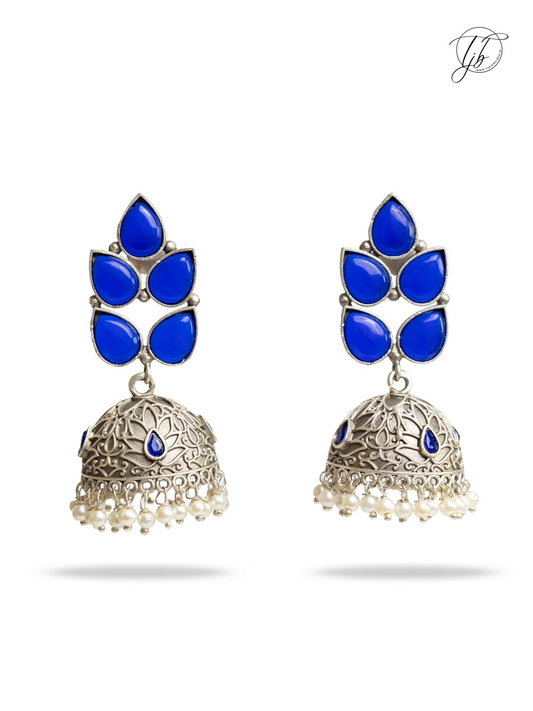 Blue Stones Leaf Shaped Big Oxidised Silver Jhumka Earrings
