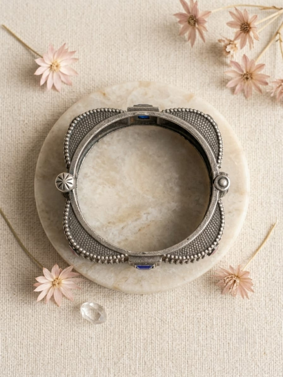 Top view of the Blue and Baby Pink German Silver Oxidised Square Kada