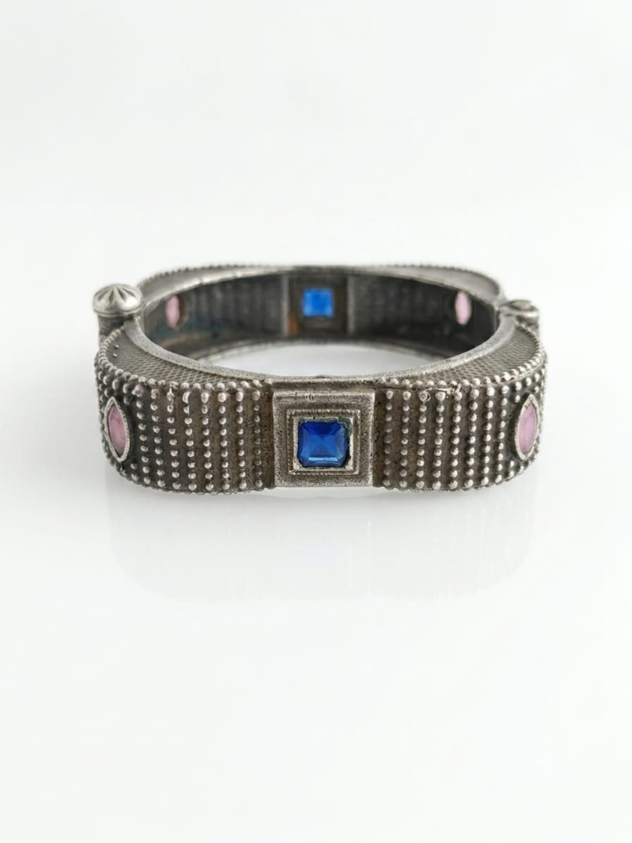 Blue and Baby Pink German Silver Oxidised Square Kada