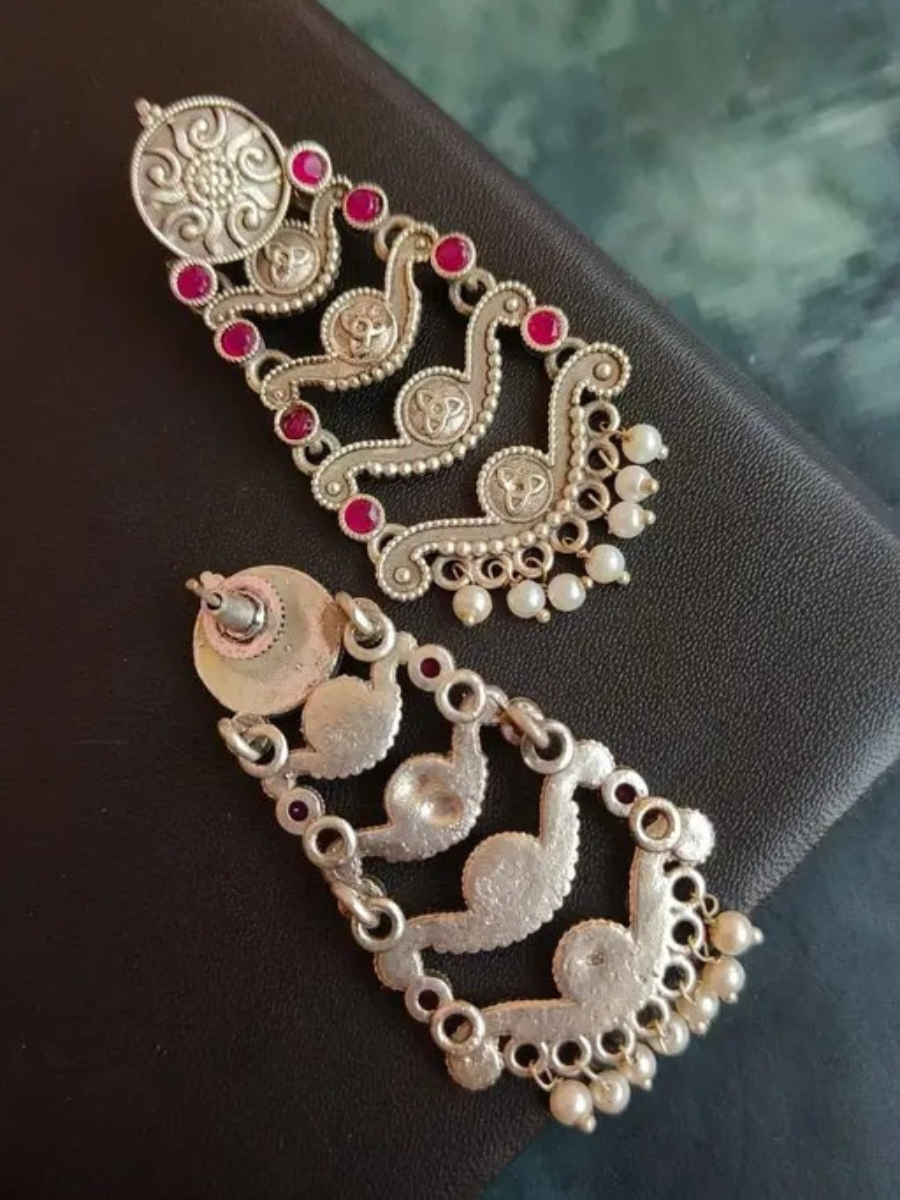 Bohemian Oxidised Silver Red Stone Long Earrings