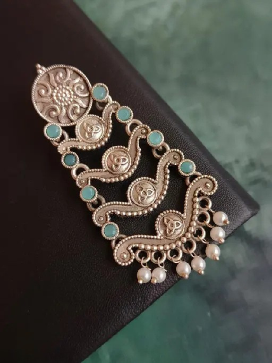 Bohemian Turquoise Stones Oxidised Silver Long Earrings