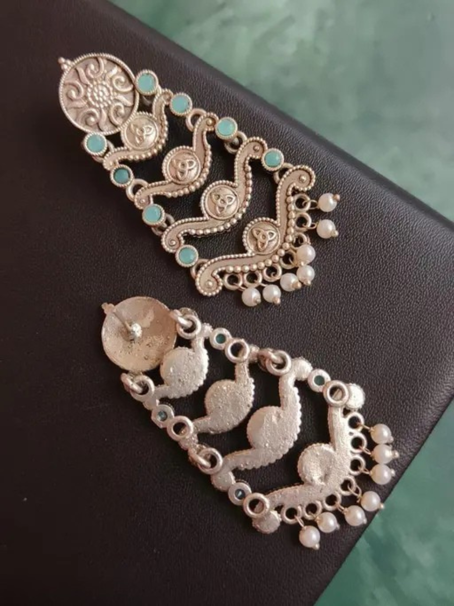 Bohemian Oxidised Silver Turquoise Stones Long Earrings