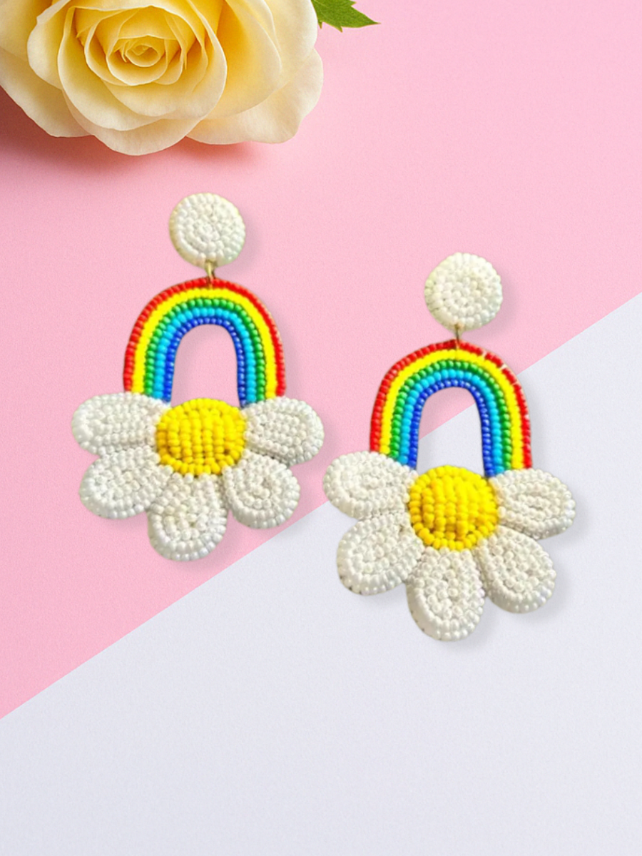 Buy Boho Style Rainbow and Daisy Flower Beaded Drop Earrings Online - TheJewelbox