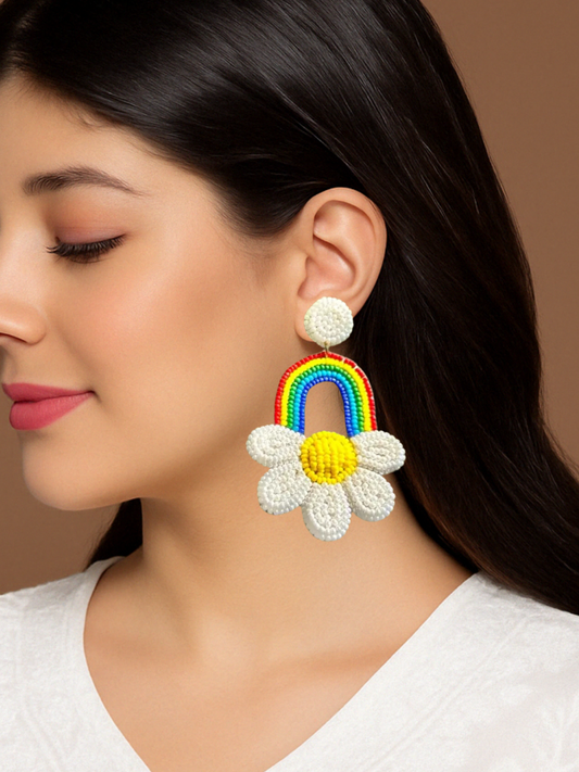 Boho Style Rainbow and Daisy Flower Beaded Drop Earrings