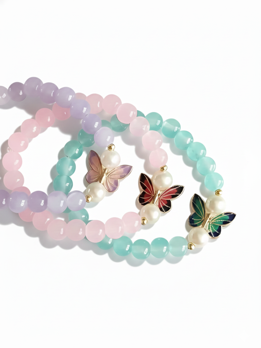 Butterfly Charm Pink, Purple and Blue Beaded Trio BFF Bracelets