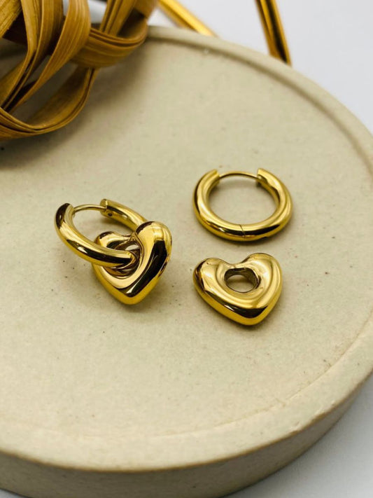 Chunky Heart Hanging Golden Plated Huggie Hoop Earrings