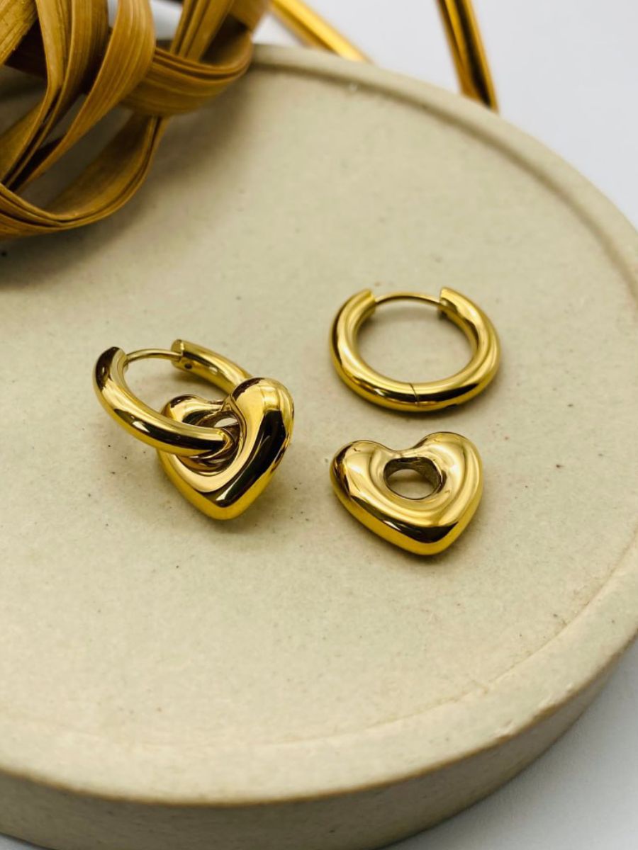 Chunky Heart Hanging Golden Plated Huggie Hoop Earrings