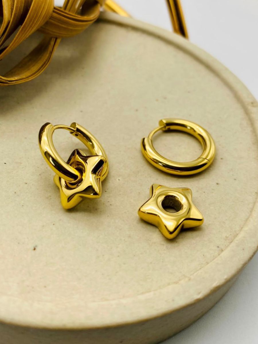 Chunky Star Hanging Golden Plated Huggie Hoop Earrings