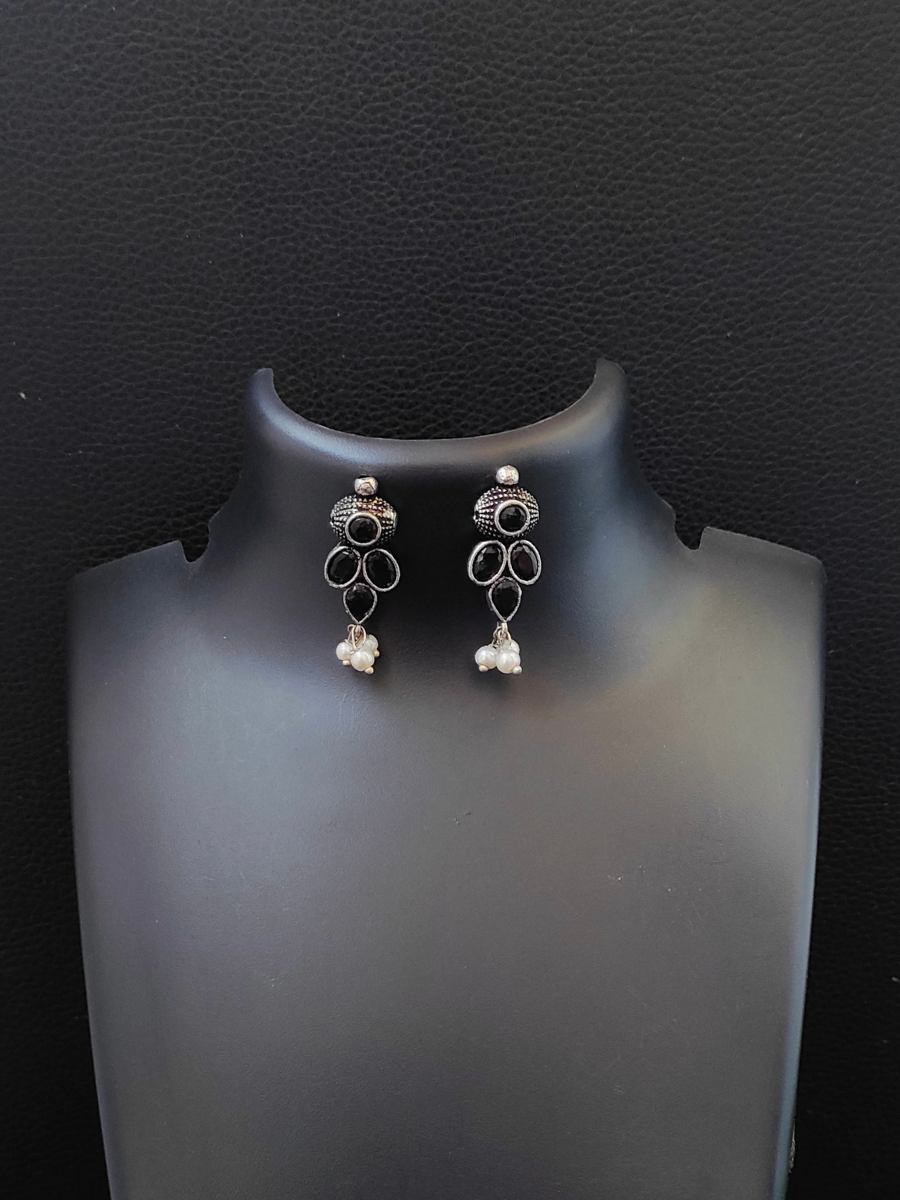 Classic Black Stone Oxidised Silver Earrings