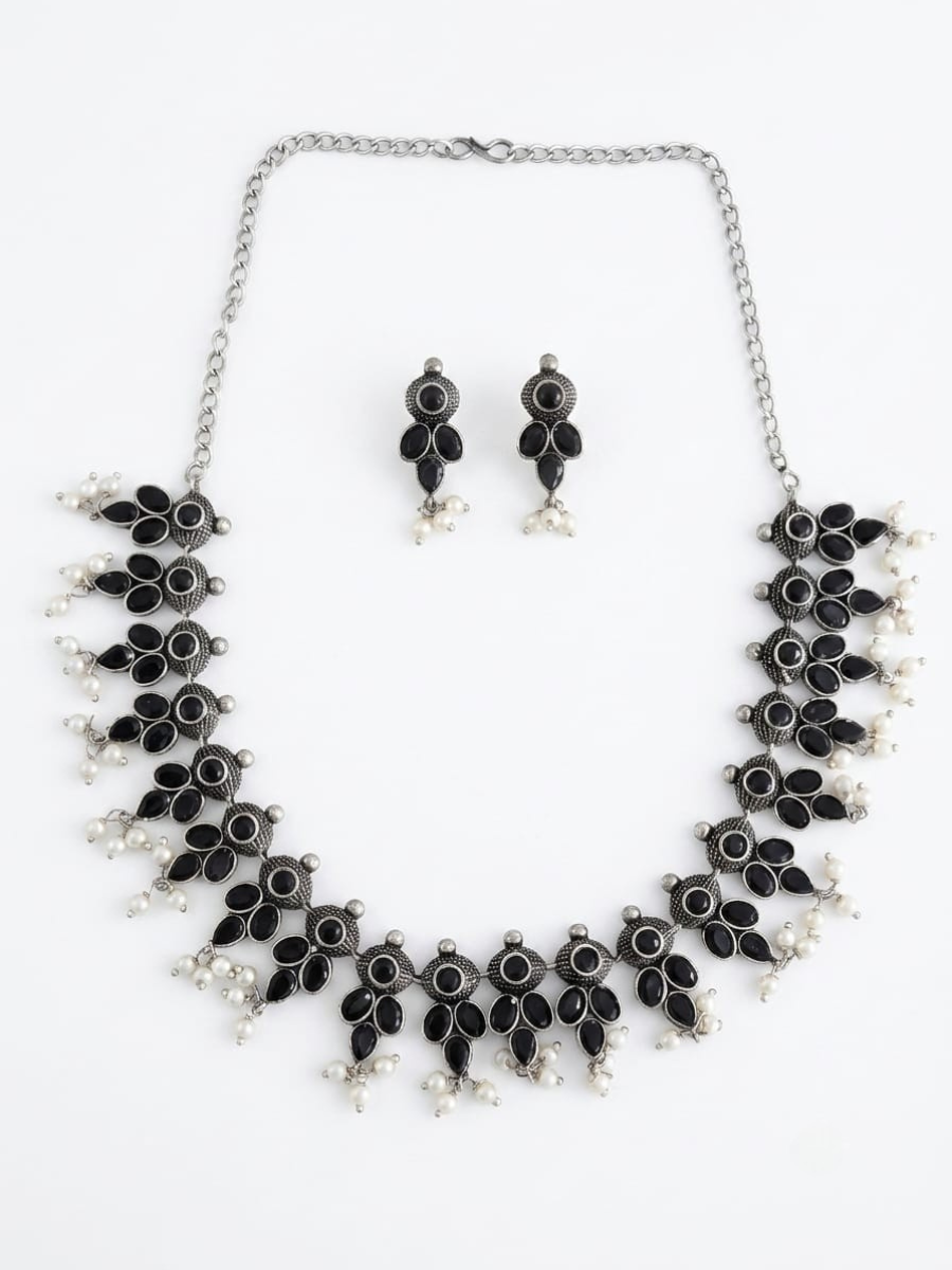 Classic Black Stone Oxidised Silver Necklace Set with Earrings