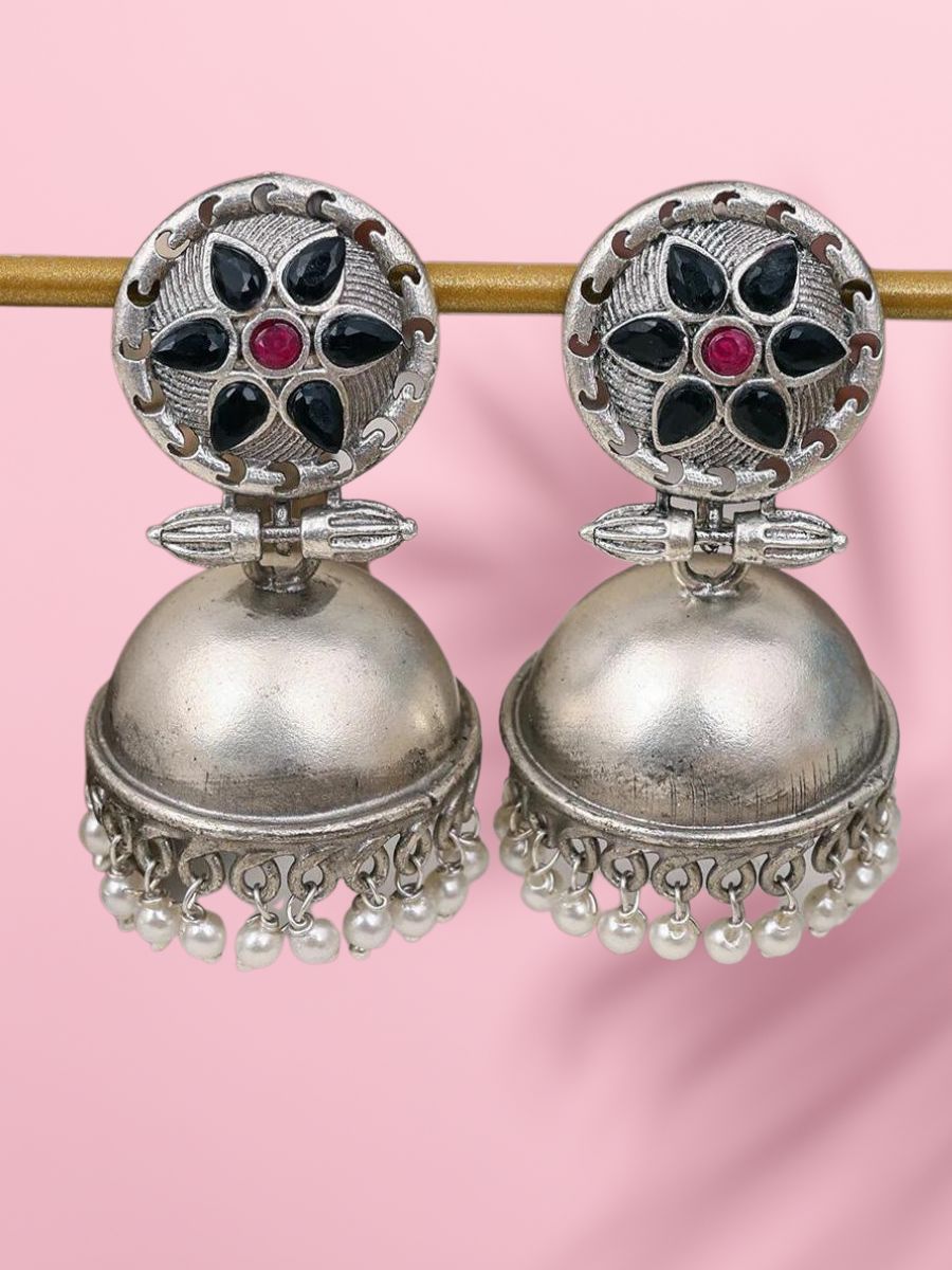 Buy Classic Black Stones Floral Oxidised Silver Jhumka Earrings Online - TheJewelbox