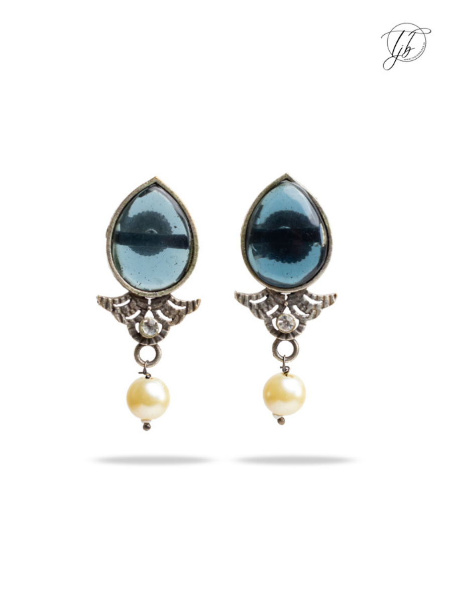 Classic Blue Stone Studded Oxidised Silver Stud Earrings