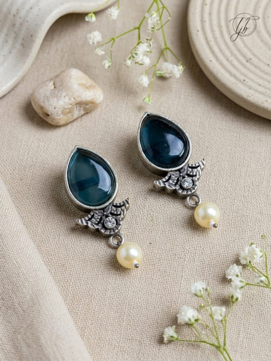 Buy Classic Blue Stone Studded Oxidised Silver Stud Earrings Online in India