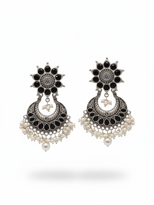 Classic German Silver Oxidised Black Stone Dangle Earrings