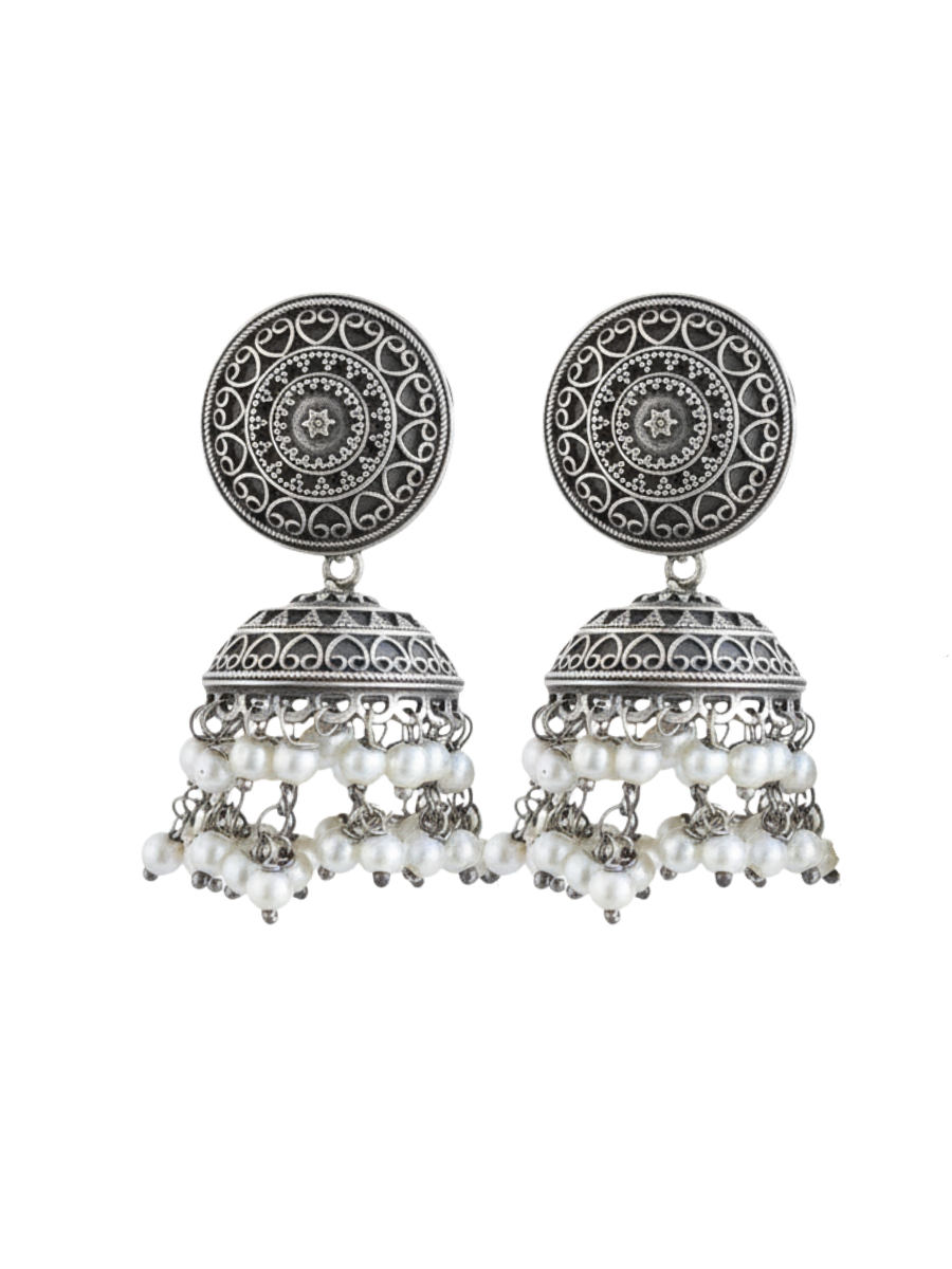 Classic German Silver Oxidised Jhumka Earrings with Pearls