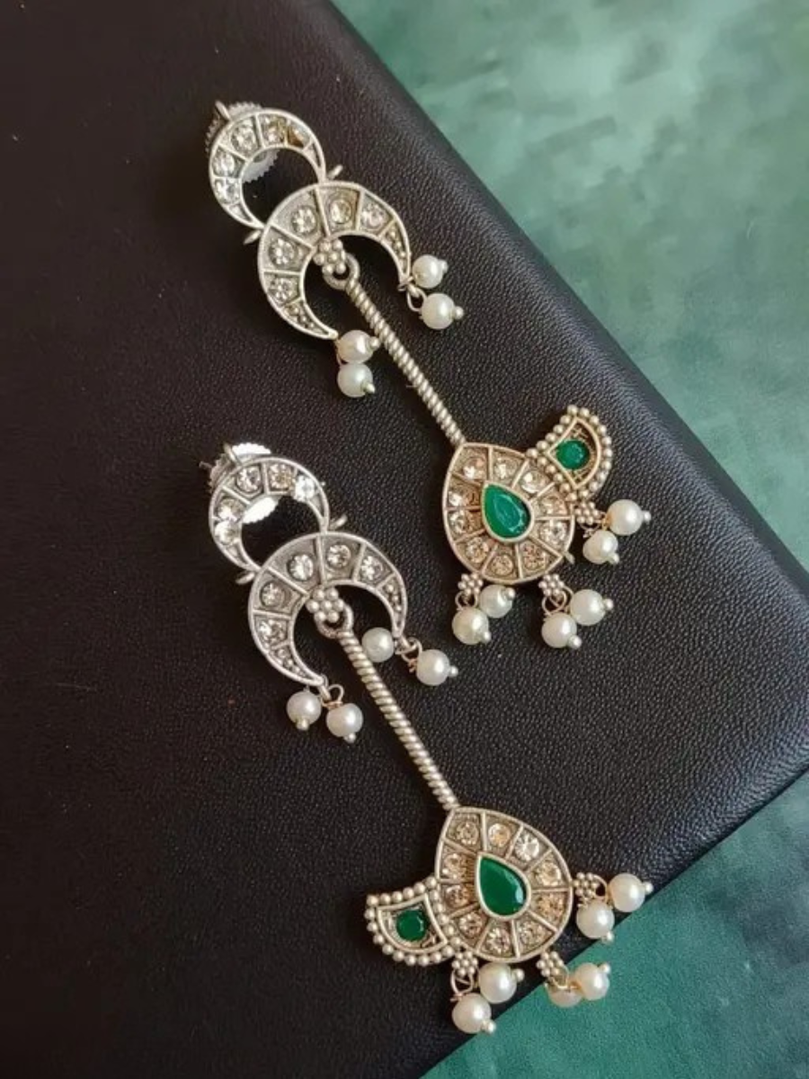 Buy Classic Green Stones Oxidised Silver Long Drop Earrings Online - TheJewelbox