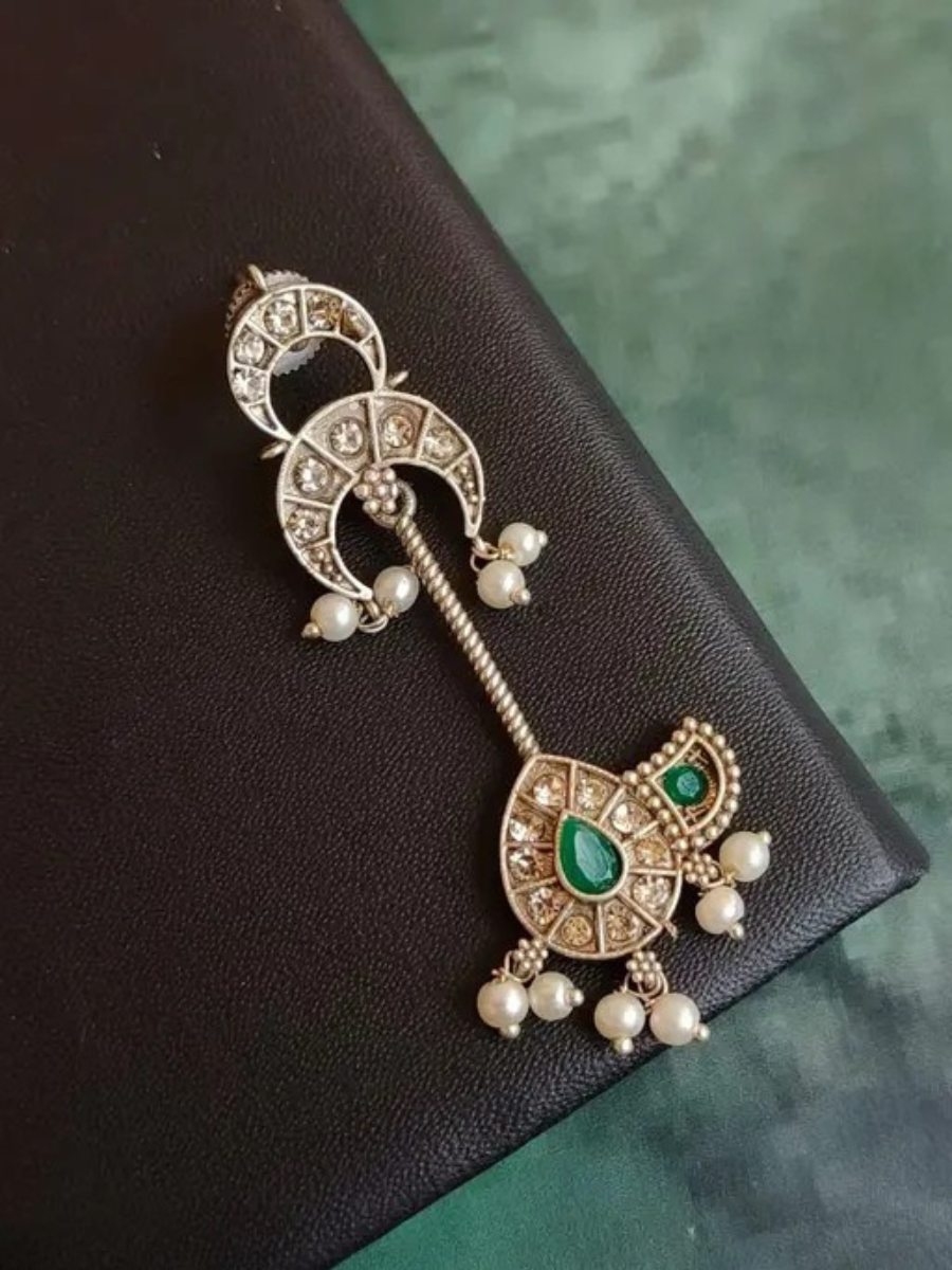 Classic Green Stones Oxidised Silver Long Drop Earrings-TheJewelbox-