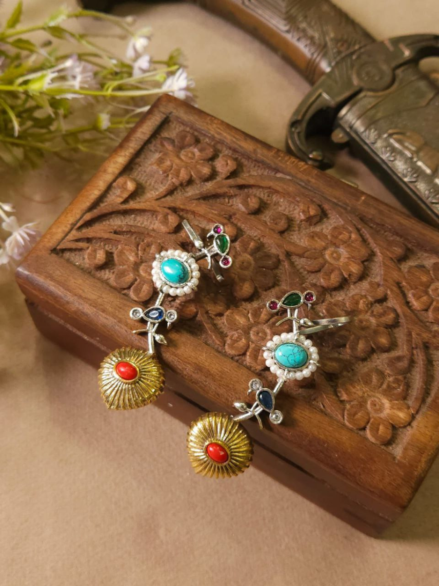 Buy Classic Multicolor Stones Dual Tone Oxidised Bird Earcuffs Online - TheJewelbox