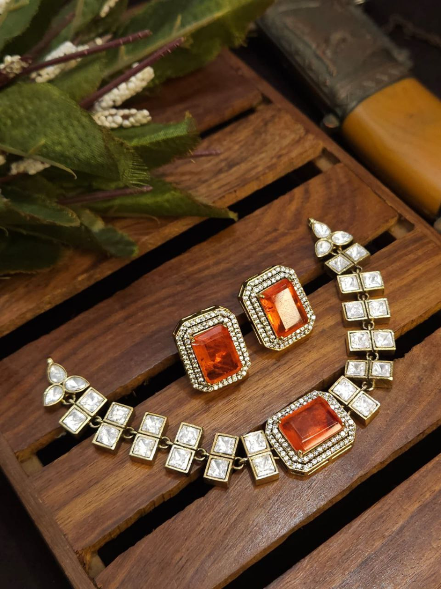 Buy Classic Orange Stone Gold Plated Polki Choker Necklace Set Online - TheJewelbox