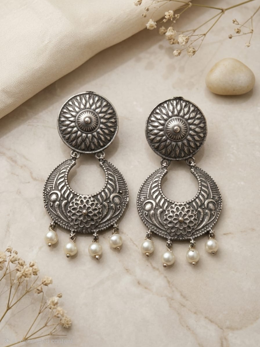 Buy Classic Oxidised Silver Chandbali Earrings with Pearl Drops Online in India