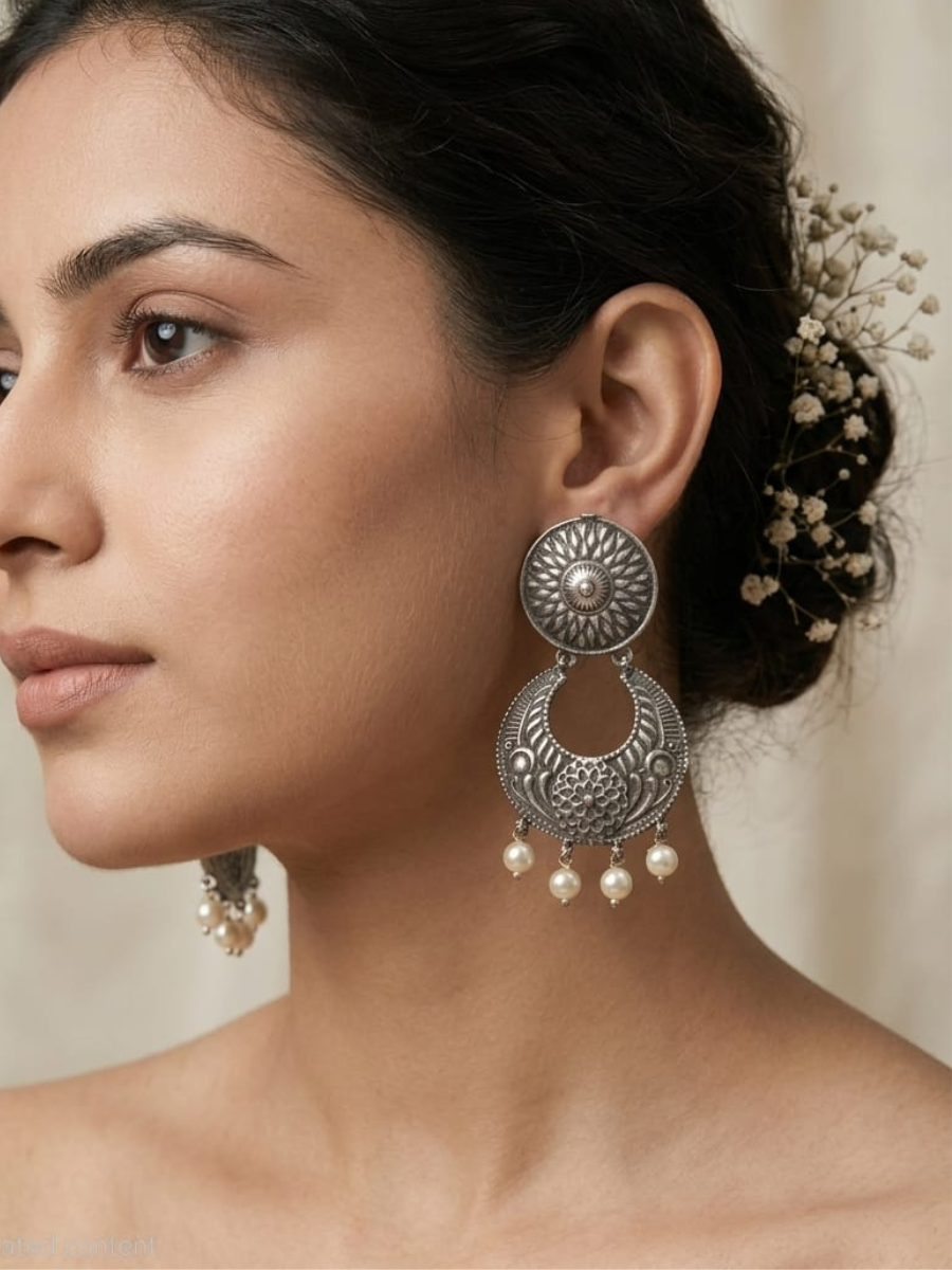 A model is wearing our Classic Oxidised Silver Chandbali Earrings with Pearl Drops