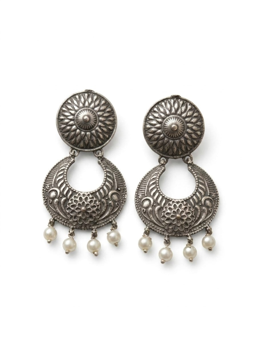 Classic Oxidised Silver Chandbali Earrings with Pearl Drops
