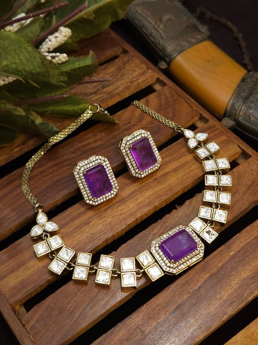 Buy Classic Purple Stone Gold Plated Polki Choker Necklace Set Online - TheJewelbox