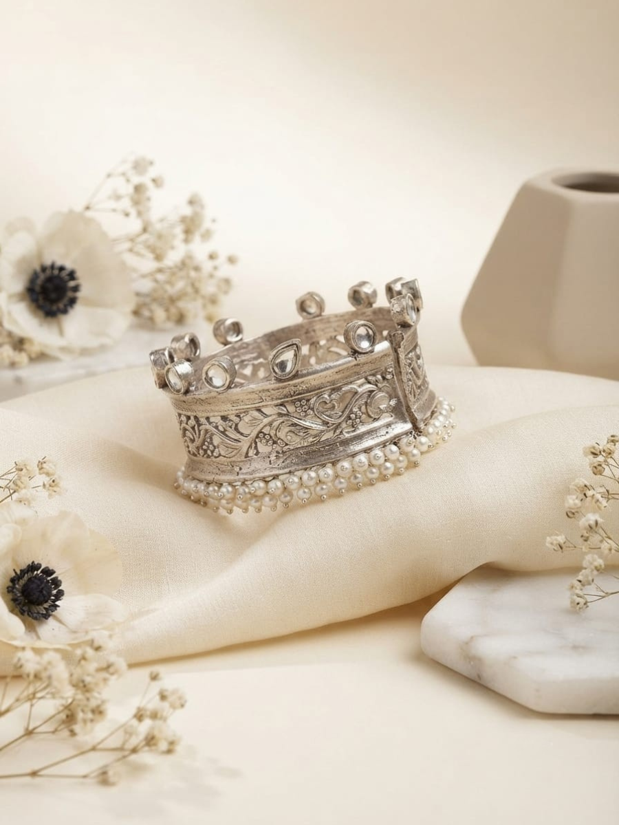 Oxidized silver carved pearl cuff bangle