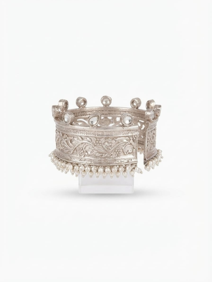 Silver plated carved pearl cuff bracelet