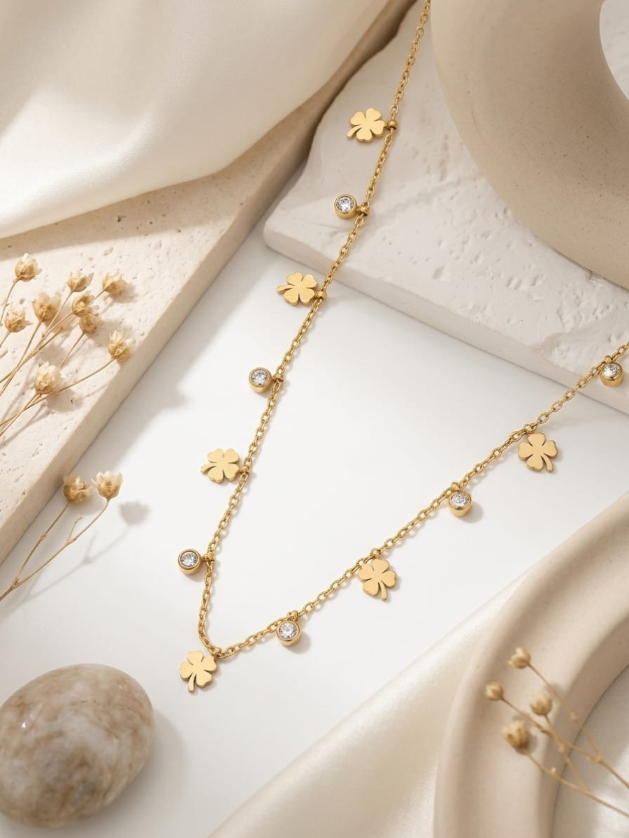 Buy Clover and Diamond Charms Minimal Golden Chain Necklace Online in India