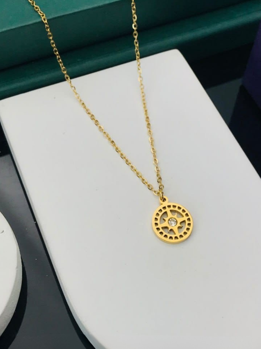 Crystal Center Round Medallion Pendant Golden Chain Necklace