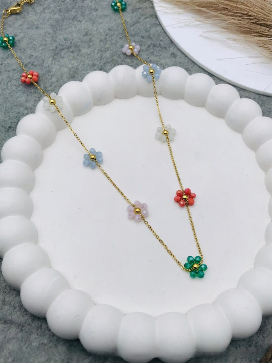 Buy Dainty Colourful Beaded Flower Charms Golden Chain Necklace Online - TheJewelbox