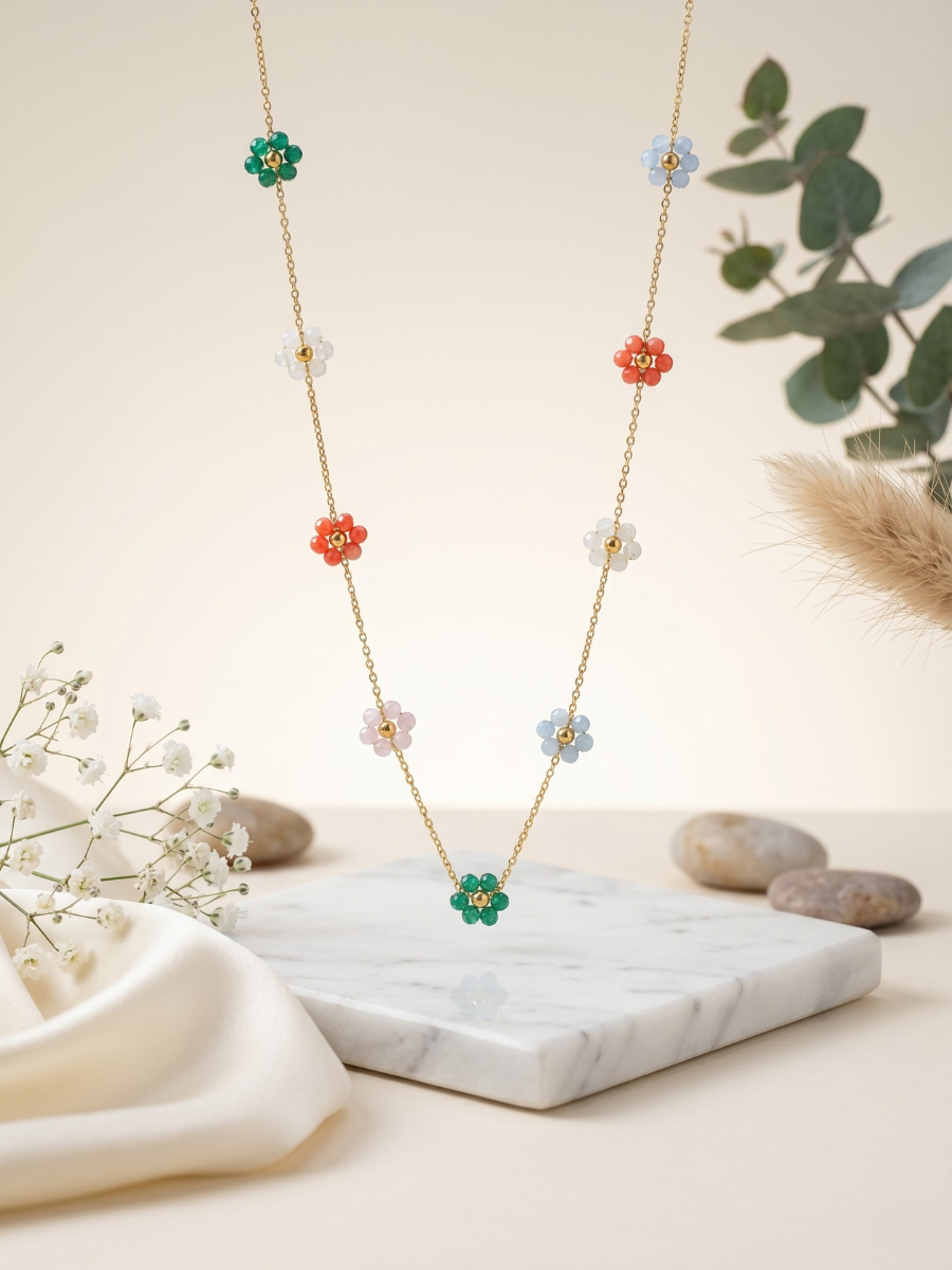 Buy Dainty Colourful Beaded Flower Charms Golden Chain Necklace Online in India