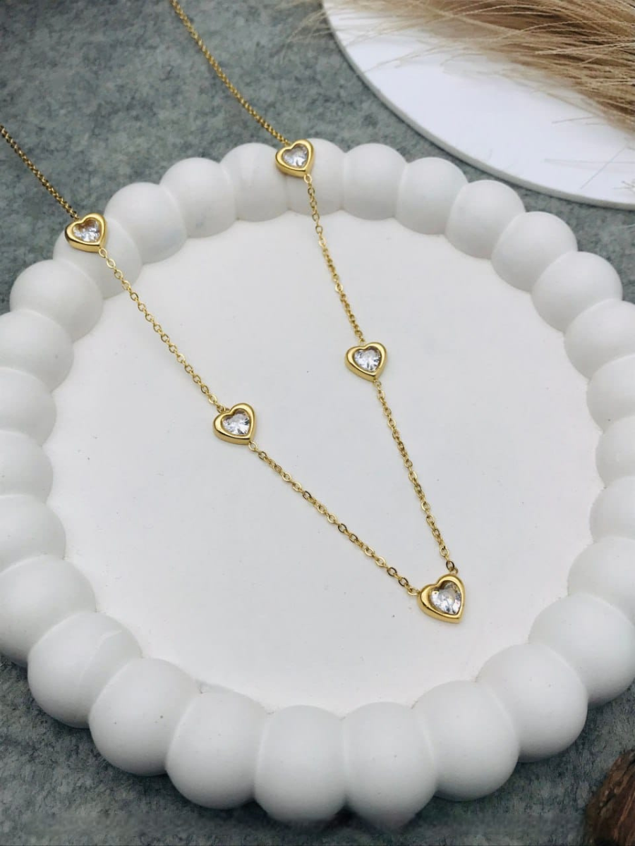 Buy Dainty Crystal Heart Charms Gold Plated Chain Necklace Online - TheJewelbox