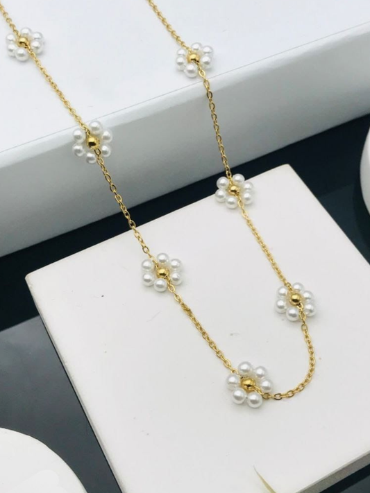 Dainty White Beaded Flower Charms Golden Chain Necklace