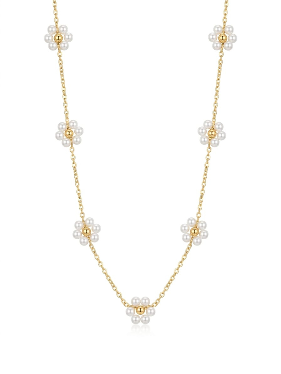 Gold necklace with pearl flower pendants