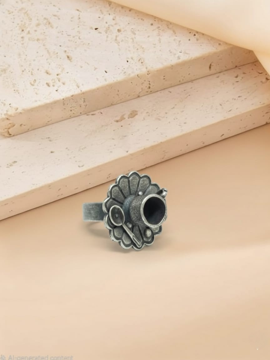 Oxidised silver tea cup ring