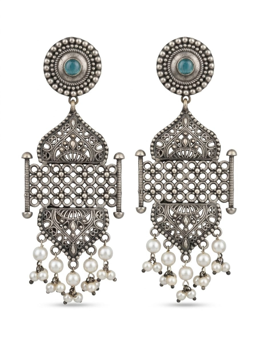 Designer Oxidsied Silver Turquoise Statement Earrings