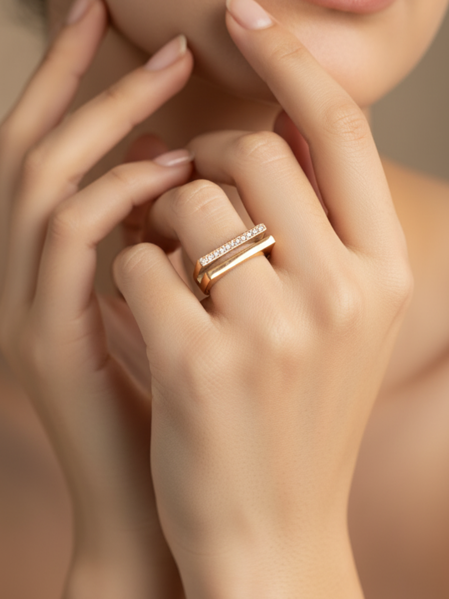 Designer Double Line Rose Gold Plated Diamond Ring