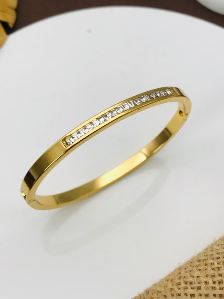 Diamond Studded Sleek Gold Plated Stainless Steel Kada Bracelet