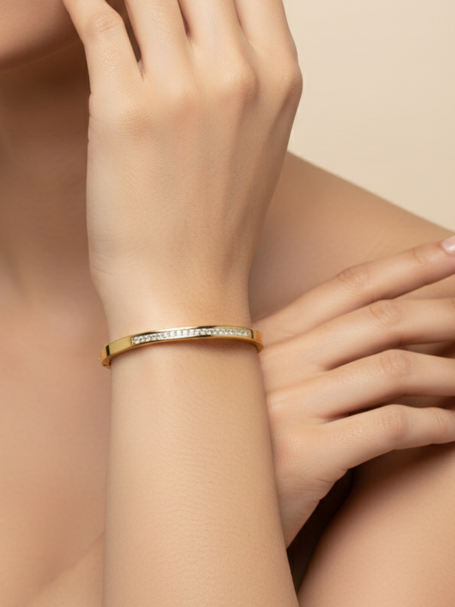 Diamond Studded Sleek Gold Plated Stainless Steel Kada Bracelet