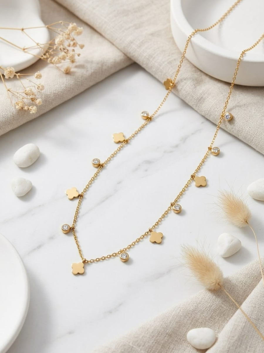 Buy Diamond and Floral Charms Golden Minimal Chain Necklace Online in India