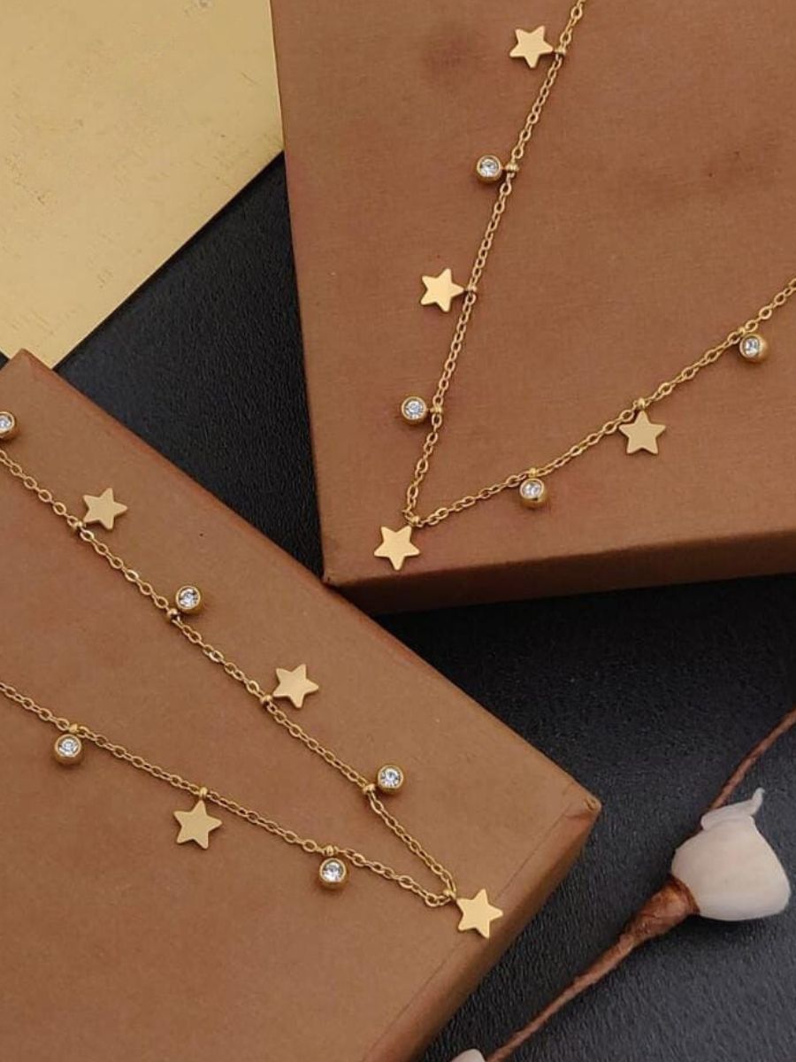 Diamond and Star Charms Minimal Rose Gold Chain Necklace
