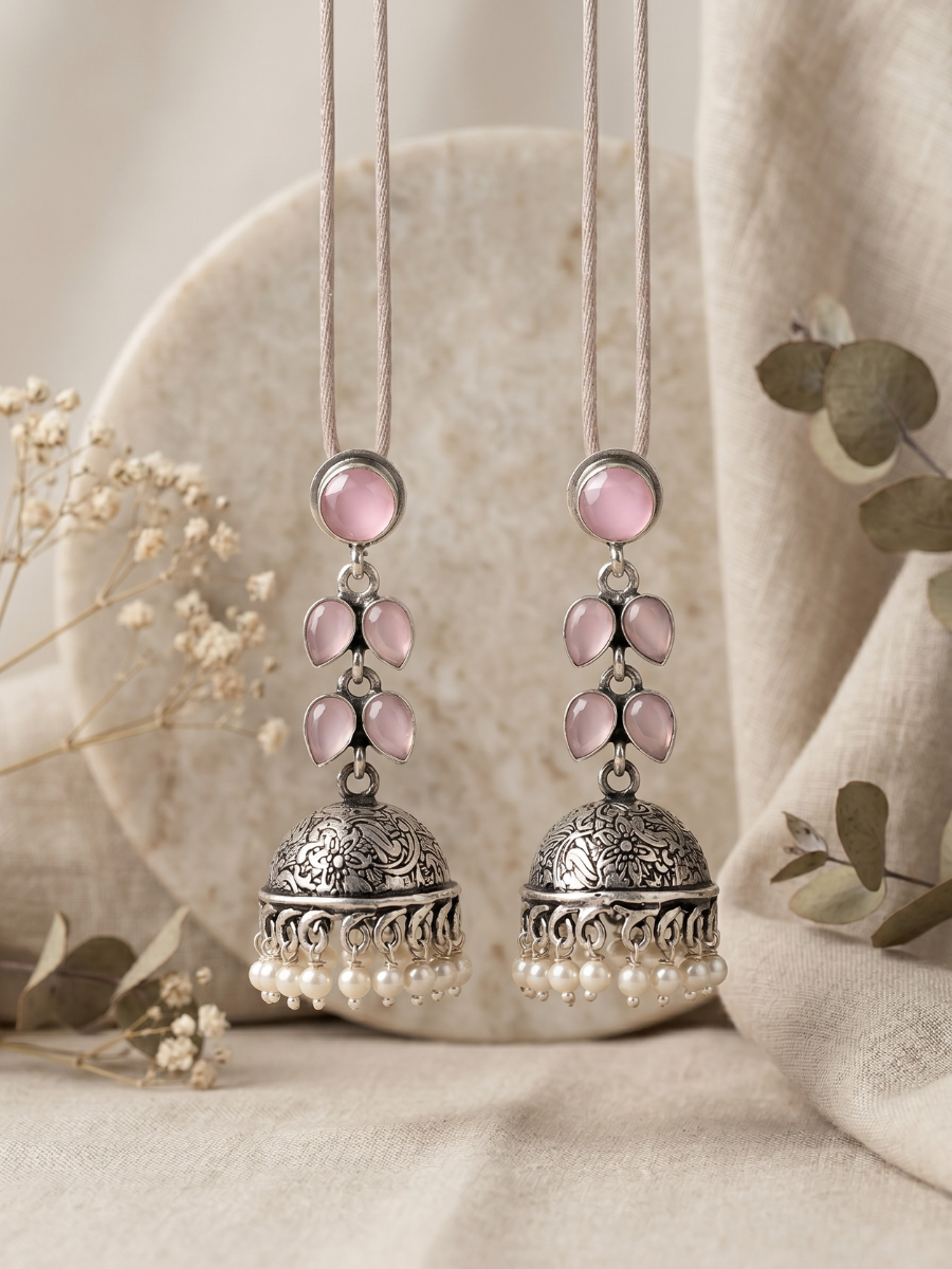 Buy Elegant Baby Pink Stones Oxidised Silver Drop Jhumka Earrings Online in India