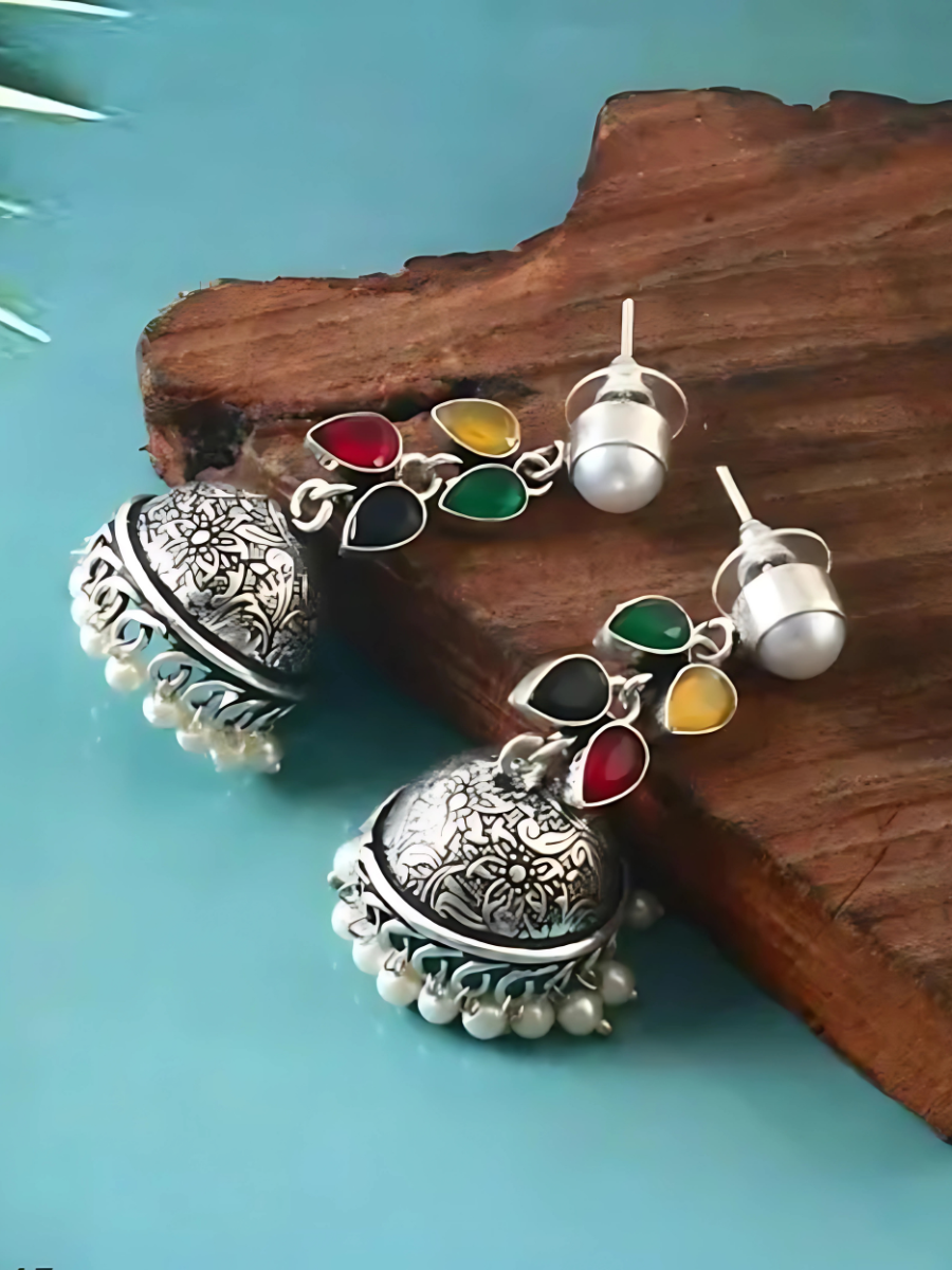 Buy Elegant Colourful Stones Oxidised Silver Drop Jhumka Earrings Online - TheJewelbox
