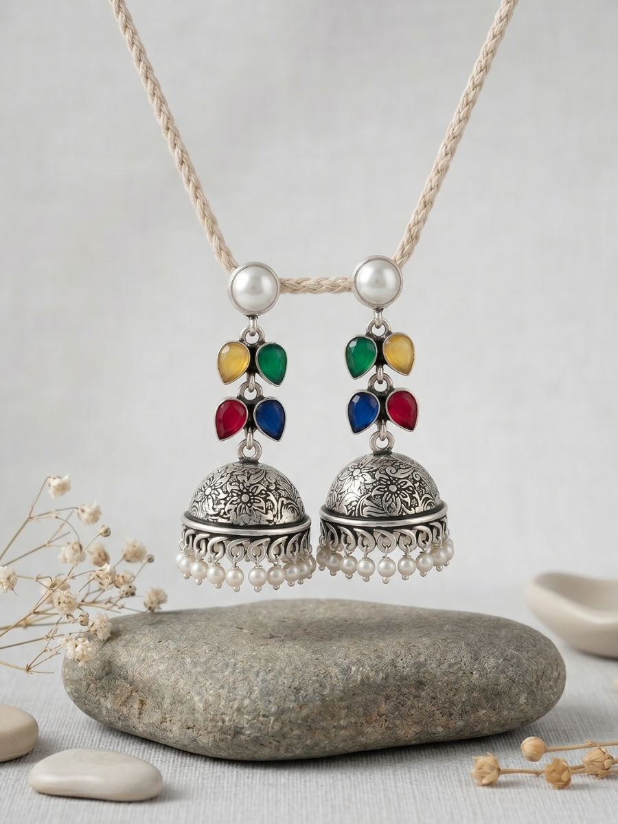 Buy Elegant Colourful Stones Oxidised Silver Drop Jhumka Earrings online in India